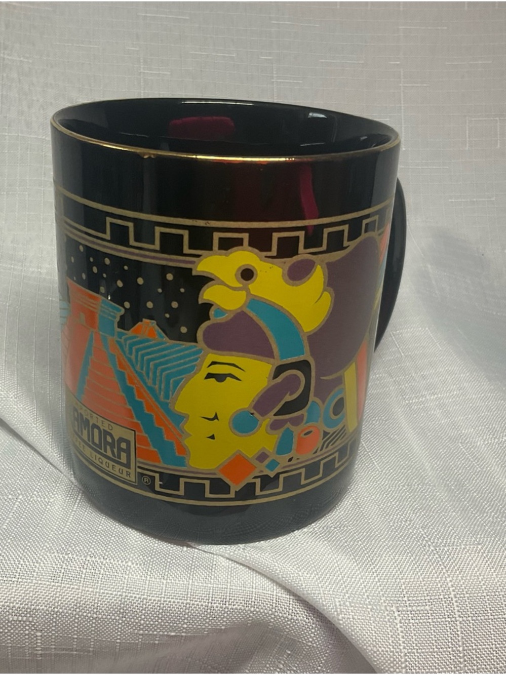 Vintage Kimora Liquor Black Ceramic Mug w Aztec design